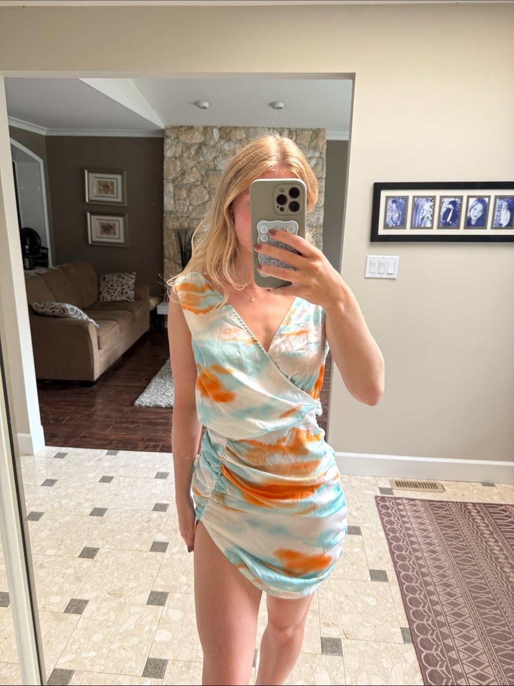 PrettyLittleThing Aqua & Orange Watercolor Wrap Mini Dress